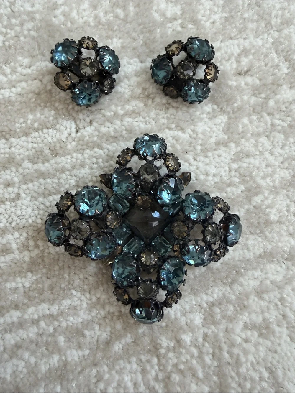 Schreiner New York Vintage Maltese Blue Crystal Brooch and Earring Set
